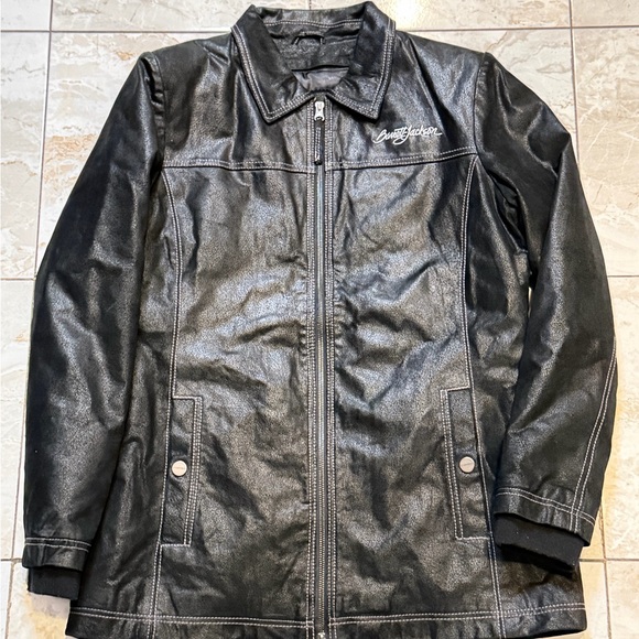 Barrett Jackson black leather jacket with embroidered logo